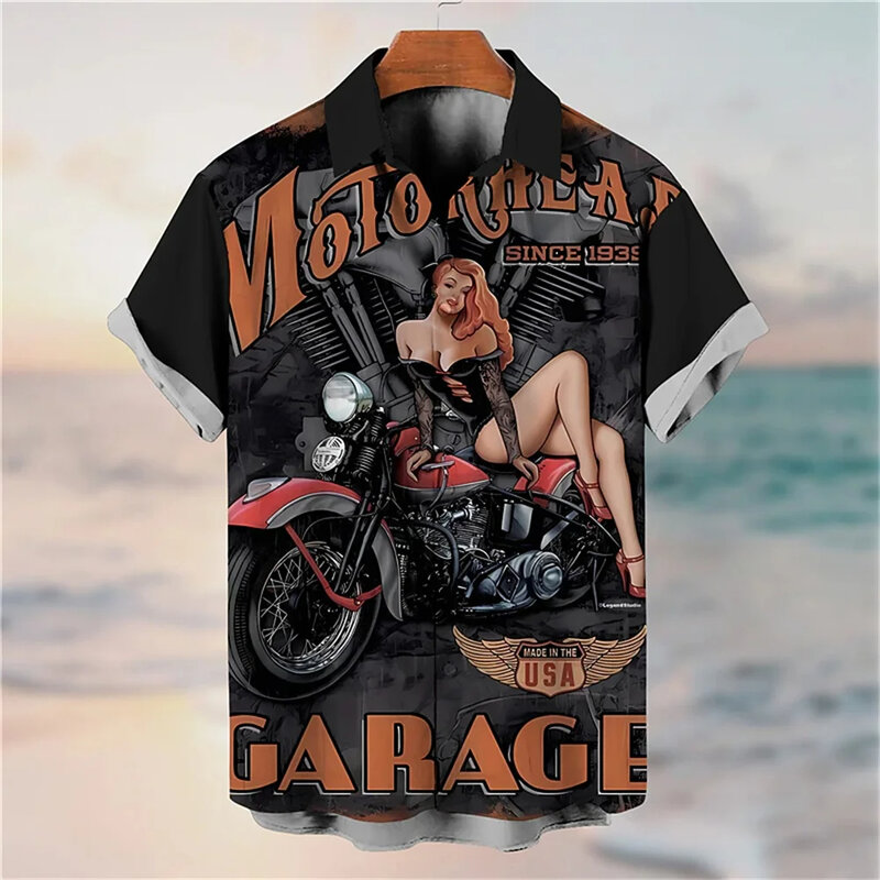 Camicia da uomo retrò Sexy donna e moto 3D modello stampato digitale camicia hawaiana da uomo Street manica corta Top sciolto da uomo
