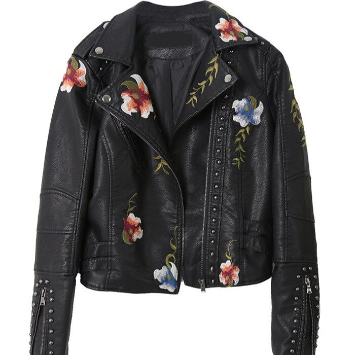 Jaqueta de zíper de couro PU feminina, jaqueta curta de motocicleta, rebite bordado, roupa elegante, outono e inverno