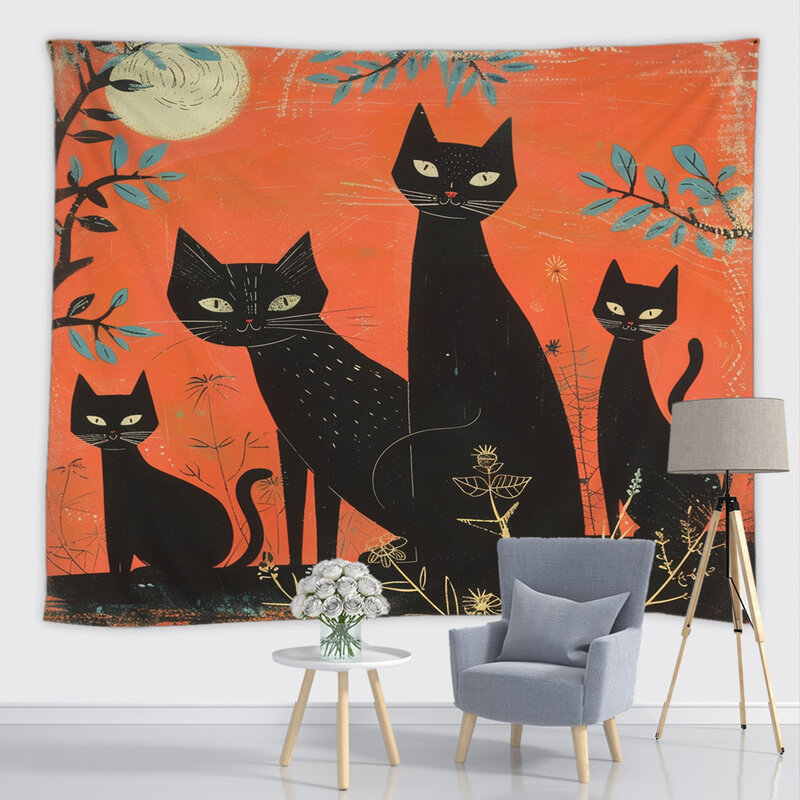 Black Cat Oil Painting Artwork Tapestry Bohemian Beach Mat Polyester Thin Blanket Yoga Shawl Cushion Blanket New Wall Deco Mural