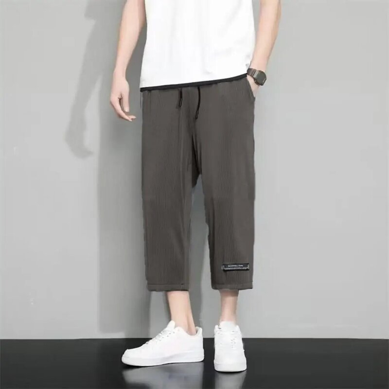 Casual Men Trousers Men's Quick Dry Ice Silk Mid-calf Pants with Drawstring Waist Breathable Pockets Lightweight Soft for Active