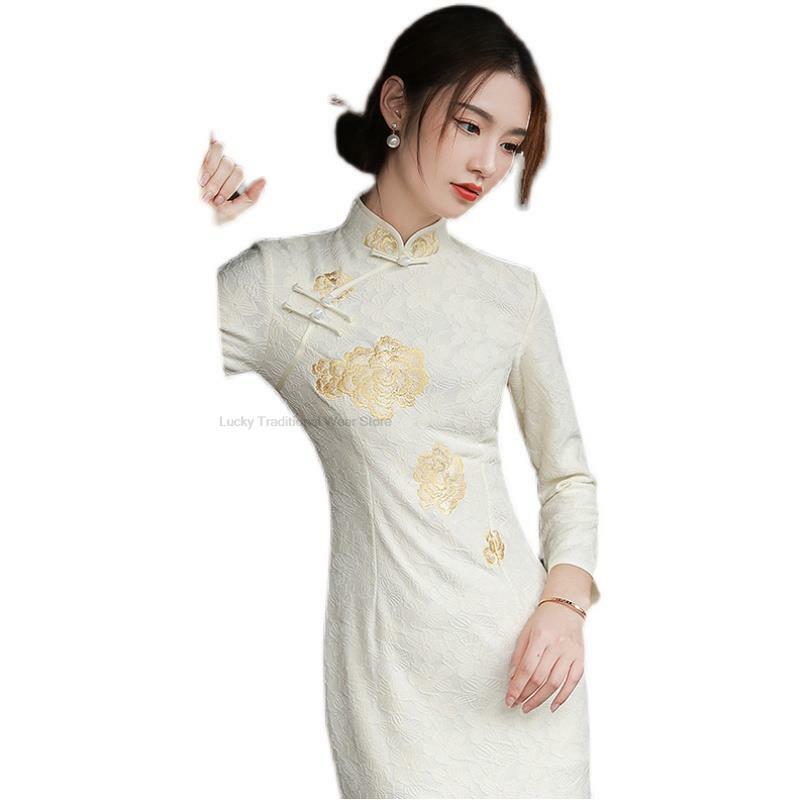 Robe longue fendue brodée pour femmes, Cheongsam améliorée, robes rétro élégantes et sexy, printemps et automne 2023, nouveau