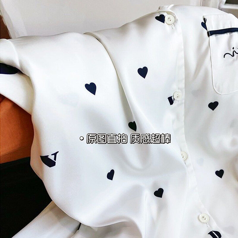 Conjuntos de pijamas com estampa de coração de 2 peças para mulheres, seda falsa, cetim, botões pijamas, manga curta, homewear, verão