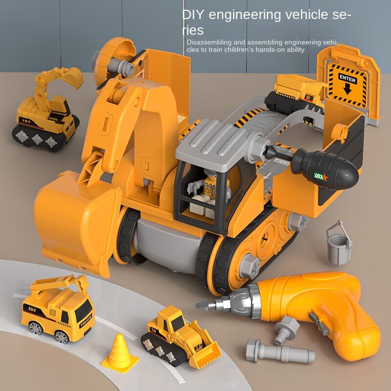 New disassembly and assembly 4-in-1 deformation engineering vehicle with small car sliding track, boy crane DIY excavator toy