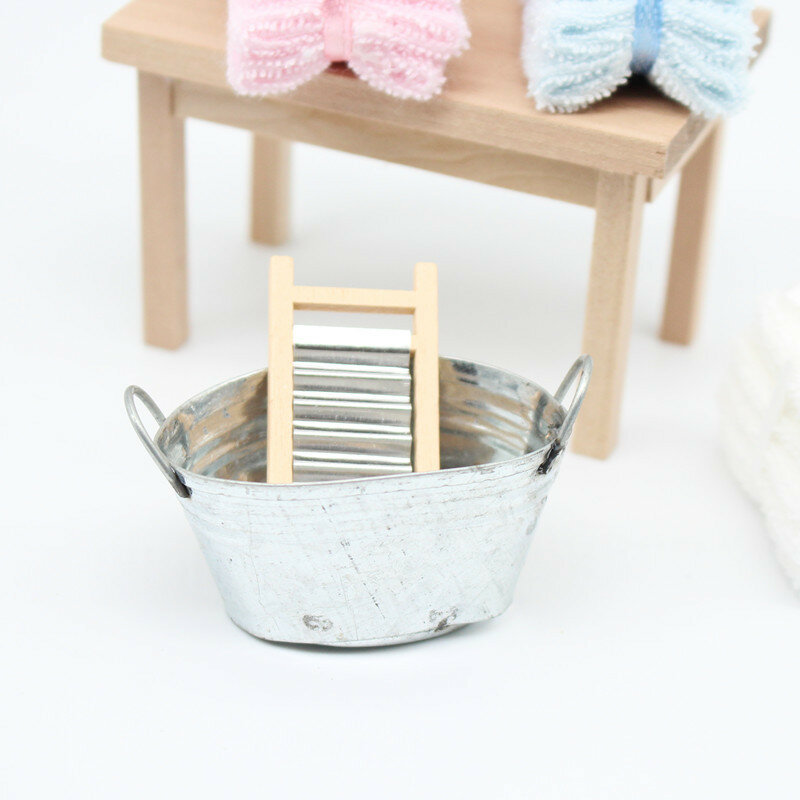 1Set 1:12 Dollhouse Miniature Washboard Iron Bucket Model For Doll House Decor Accessories Kids Pretend Play Toys