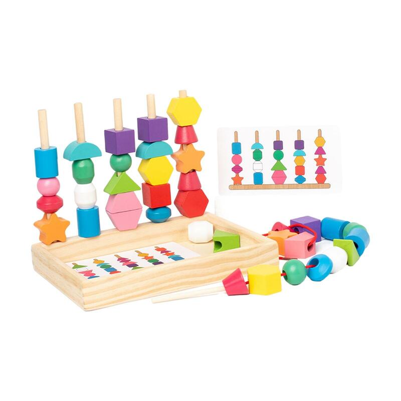 Wooden Beads Sequencing Toy, Lacing Beads and Stacking Block, Early Education Matching Shape Stacker for Kids Children