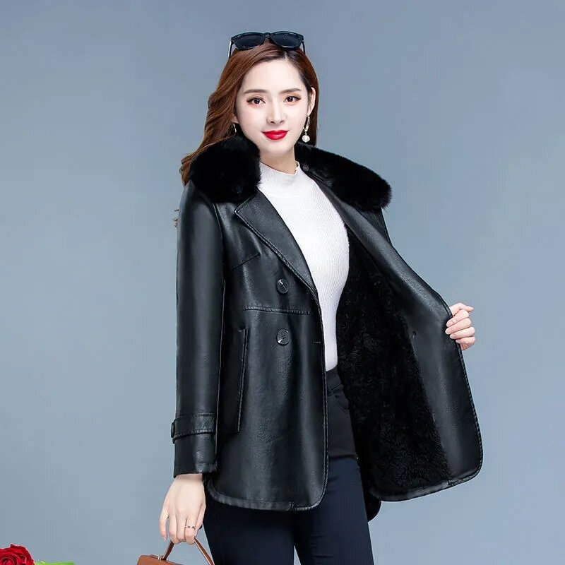 XL-6XL 여성용 가죽 재킷, 한국 루즈 인조 가죽 바람막이 코트, 두꺼운 벨벳 파카 오버코트, 가을 겨울