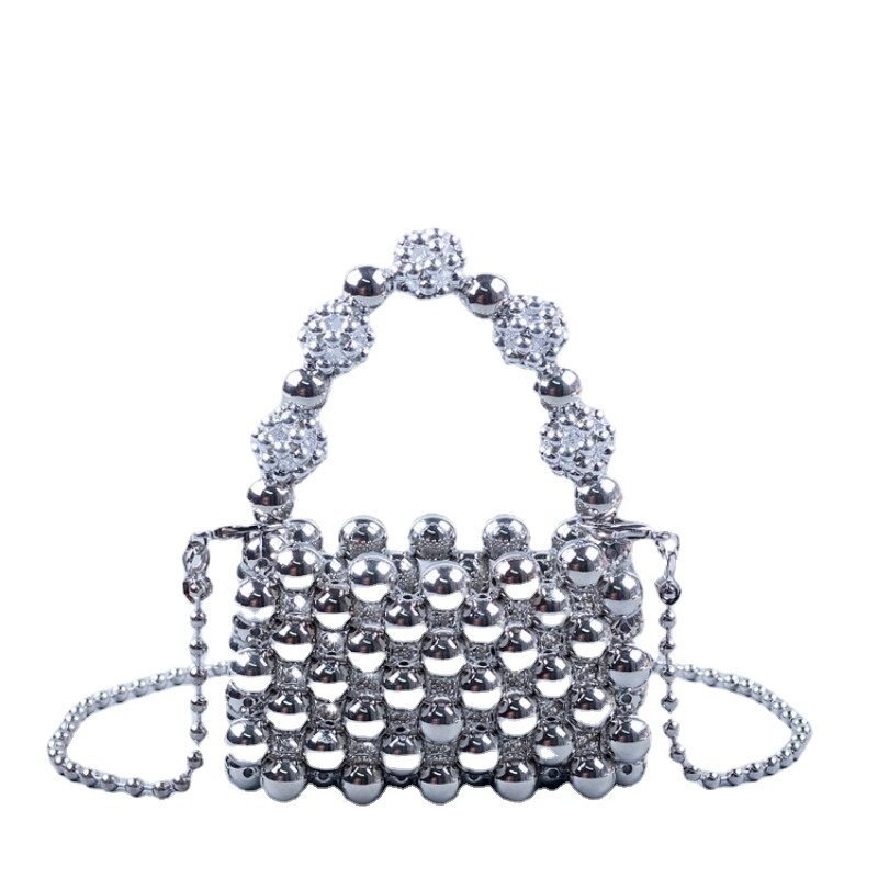 Мини-сумка, дизайнерская электрическая Серебристая ручная плетеная сумочка из бисера, женская свадебная сумка для помады, сумка через плечо с ажурной цепочкой 2023