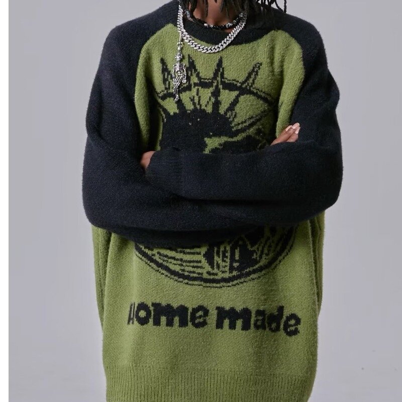 미국 캐주얼 스트리트 추상 뜨게 스웨터, Y2k 고스 유럽 미국 트렌드 커플 루즈 크루넥, 남녀공용 풀오버 스웨터