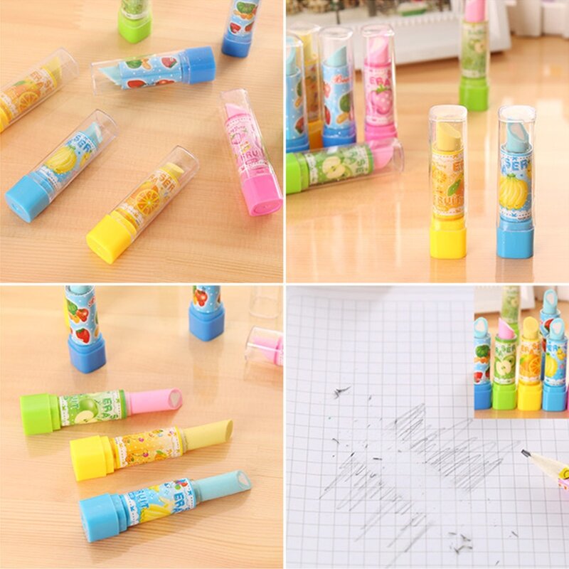 Rotatable Lipstick Rubber Erasers Fashion All-Purpose Fruit Erasers for Classroom Xmas Birthday Present Stocking Stuffer