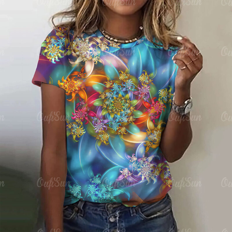 2024 Fashion Women T-Shirts Abstract Flowers Print Casual Pullover Summer Loose Short Sleeves Tee Shirt Fashion Female Clothing