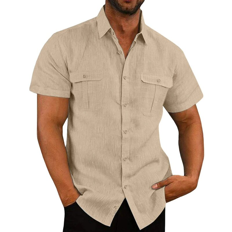 Camisas de manga corta de lino y algodón para hombre, camisas informales de Color sólido con cuello levantado, estilo playero, talla grande, gran oferta, Verano