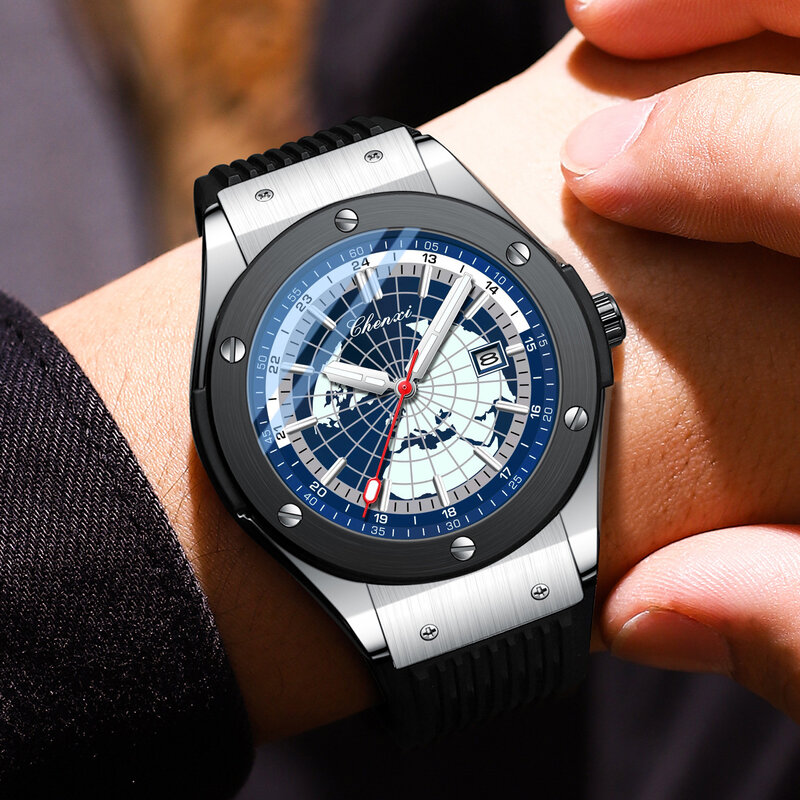 Modne zegarki męskie na co dzień unikalny silikonowy pasek wzór mapy świata sportowy zegarek na rękę kwarcowy kalendarza dla mężczyzn zegar luksusowy prezent