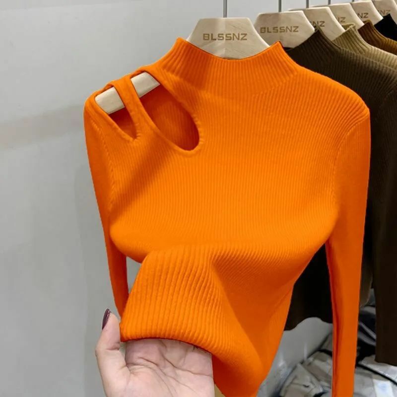2023 pakaian wanita awal musim gugur lengan panjang bahu T-shirt leher rajut bawah kemeja Slim Fit Top pullover jumper sweater