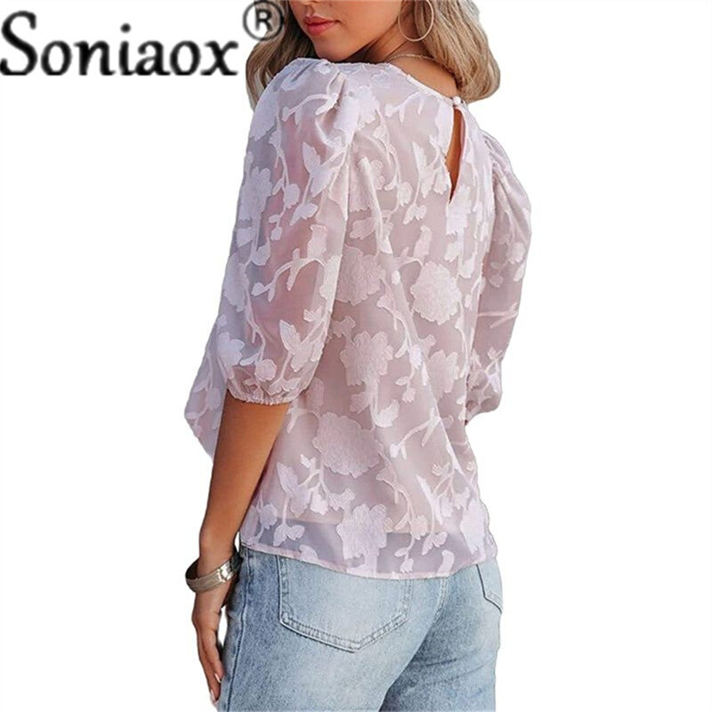 Blusa holgada de chifón para mujer, camisa de retazos con textura de flores, cuello redondo, manga abombada, combina con todo