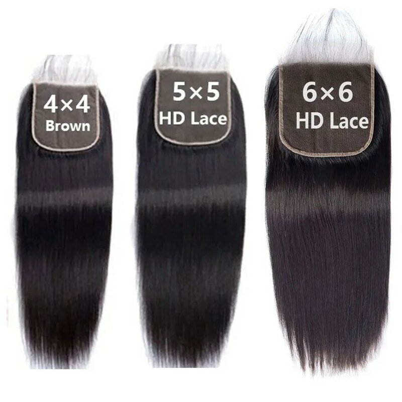 Perruque Lace Closure Brésilienne Remy Naturelle, Cheveux Lisses HD 13x4, 4x4, 5x5, 6x6, 12 à 24 Pouces
