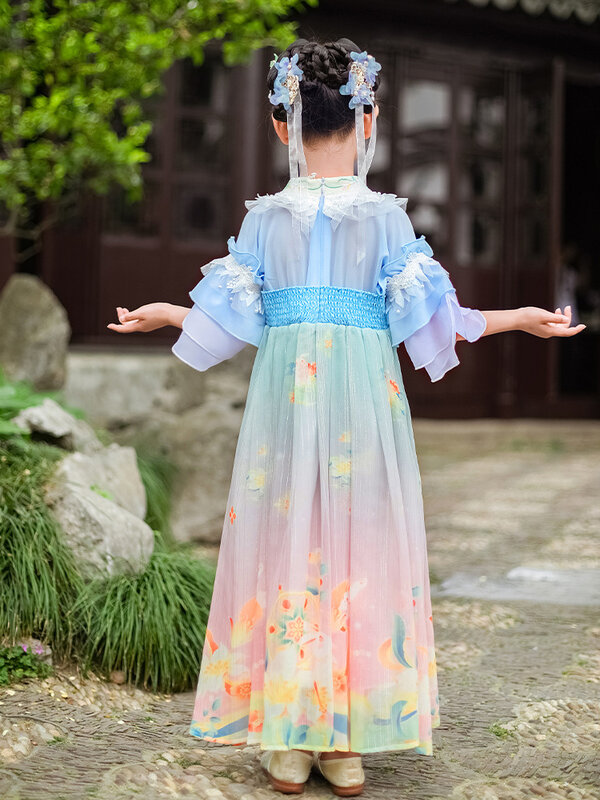 الفتيات الاطفال الأزرق الأزهار التطريز Hanfu الصينية الشعبية الأطفال حفلة الأميرة ازياء الجنية تأثيري فستان