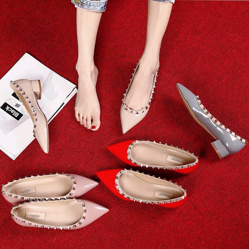 Luxury Brand Rivet Midsole Heel Shoes Leather Pointed Shallow Cut Flat Bottom Women's Shoes Versatile Fashion Women's Pumps33-41