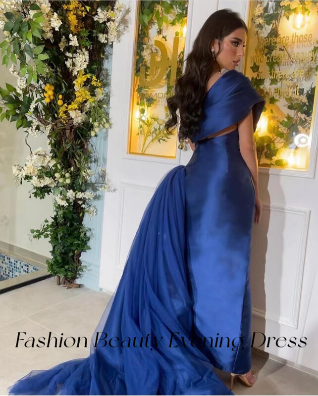 Robe de Bal en Satin Bleu Royal pour Femme, Tenue de Soirée Formelle Froncée, Sexy, Découpée, Perles, à la Mode, 2024