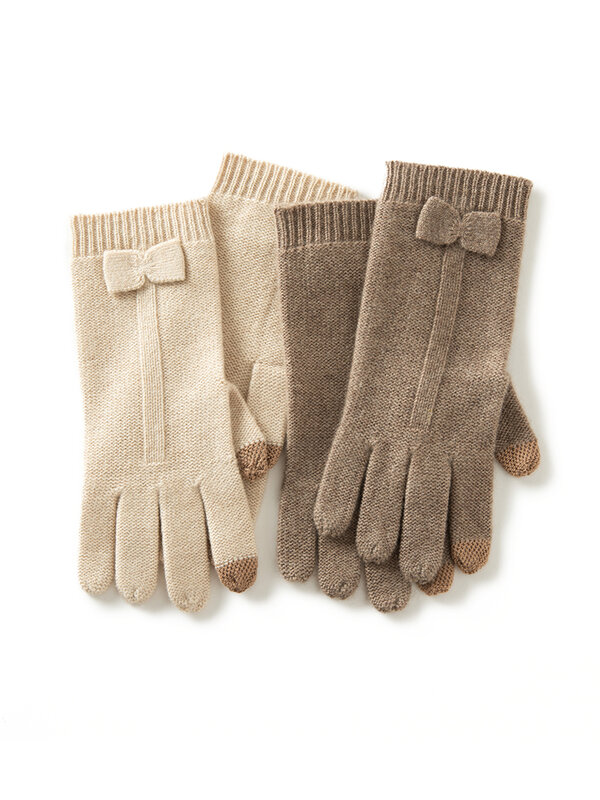 Großhandel echte Kaschmir Strick handschuhe Touchscreen Finger Winter Frauen dickes Kabel warmes Handgelenk Länge klassischen weiblichen Fäustling