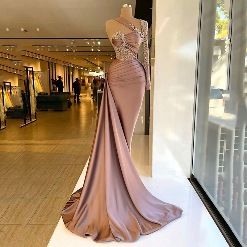 Luxury Women's Evening Dresses One Shoulder Beaded 3D Lace Prom Gowns Fashion New Celebrity Formal Beach Party Vestidos De Noche