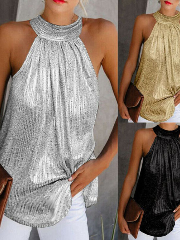 Женская Золотая блузка, новинка 2024, модная летняя повседневная Свободная блузка без рукавов с высоким воротником, футболка
