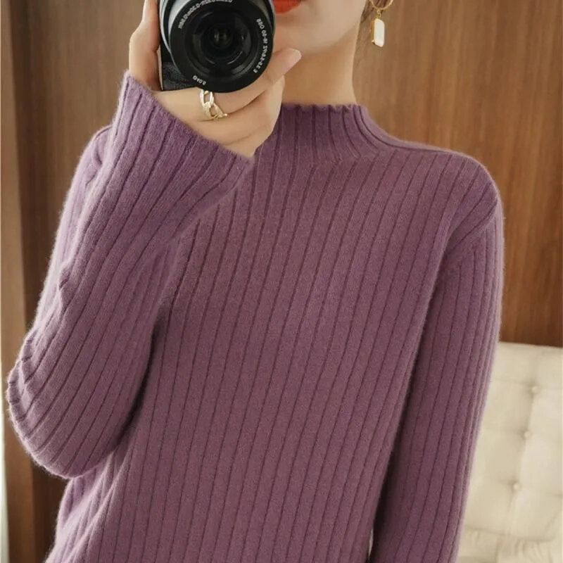 Suéter de tricô de gola alta feminino, pulôver fino de gola alta, jumper básico, top manga comprida, tendência, novo, outono, inverno, 2022