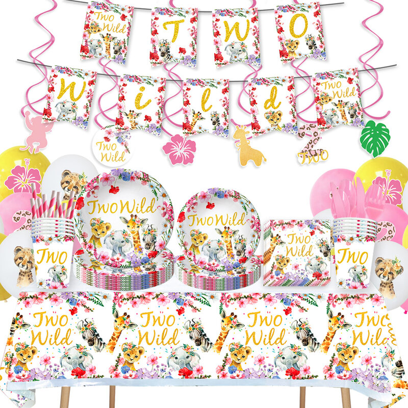 Two Wild Birthday Decorations Girl Party Decor Kids Animals Disposable Tableware set Baby Shower Girl Birthday Party Supplies