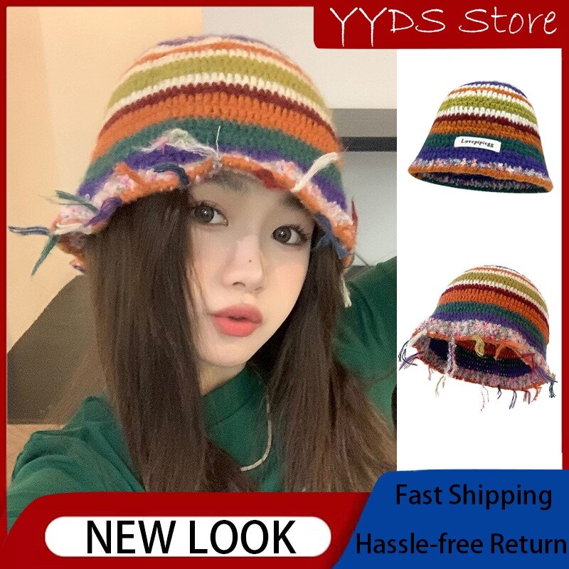 Cappello da pescatore di lana a righe arcobaleno stile genitore-figlio bambini inverno fatto a mano all'uncinetto nappa berretto a righe colorate