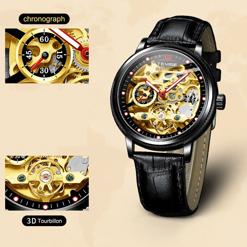 3D Skeleton mechaniczny zegarek dla mężczyzn Tourbillon automatyczne męskie zegarki biznes zegarek wodoodporny złoty Relogio Masculino nowy