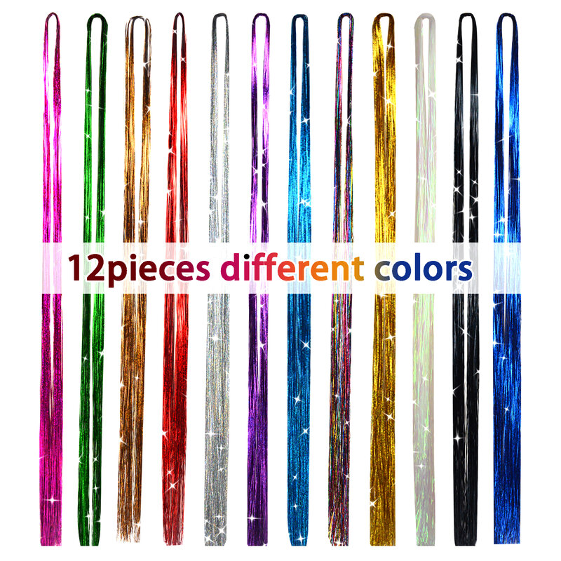 47 Inches Hair Tinsel 200 Strands/Pack Hair Tinsel Hair Extensions Tool Kit for Women Girls Hair Accessories