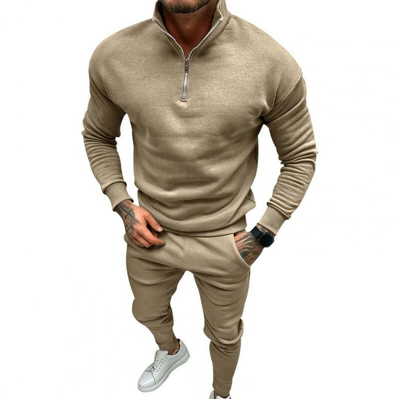2 Pcs/Set Men Top Pants Suit T shirt Half-high Collar Solid Color Sweatshirt Thick Men Winter Tracksuit Sweatshirt Trousers Set