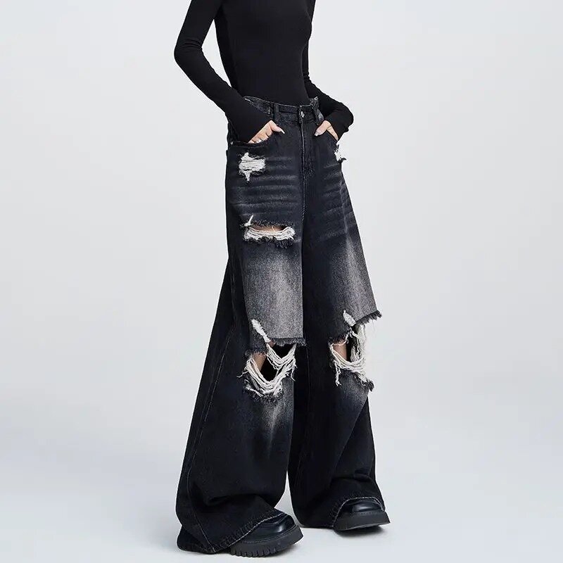 Qweek übergroße zerrissene Frauen jeans y2k koreanische Mode Vintage Jeans hose Grunge weites Bein Amerika High Street Retro Hose