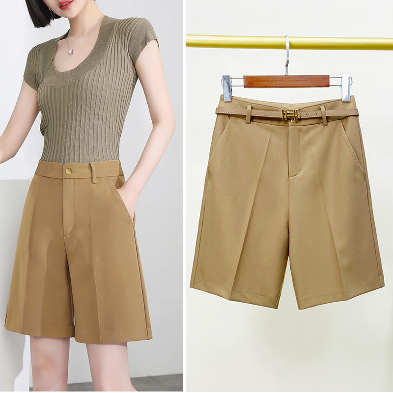 Shorts Suit Reta Wide-leg Calças Mulheres Cinto de Verão Fino Cintura Alta Slim Profissional pendulares Roupas Casuais Calças Colheita