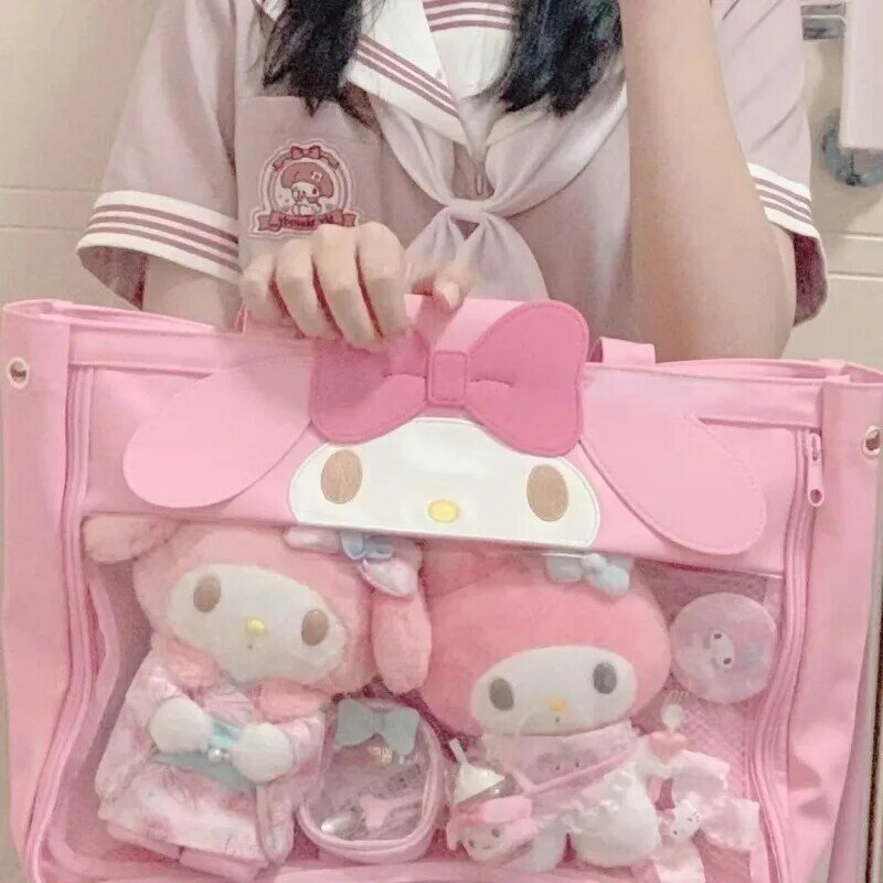 MBTI 핑크 멜로디 여성 토트백, 미적인 일본 스타일 로리타 JK 귀여운 핸드백, 투명 대용량 패션 여성 가방