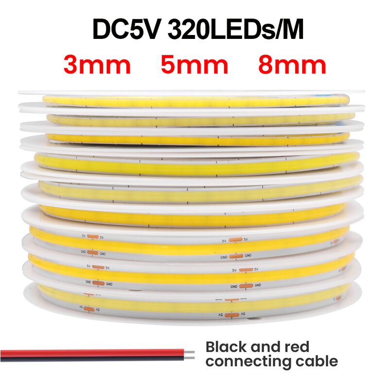Cob LEDライトバー,高密度,フレキシブルリボン,ロープテープ,キャビネットライト,3mm, 5mm, 8mm, 320ダイオード/m, 5v,12v 3000k、4000k、6000k