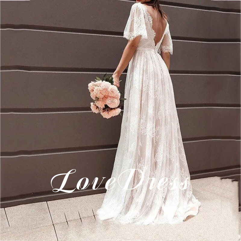 Gaun pengantin Boho leher V sifon garis A gaun pengantin berlipat panjang lantai punggung terbuka lengan pendek