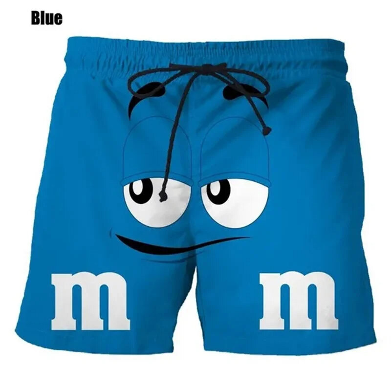 Śmieszne M & M's czekoladowe szorty plażowe męskie z nadrukiem 3D M & M spodenki plażowe strój kąpielowy letnie szorty szybko schnące spodenki sportowe