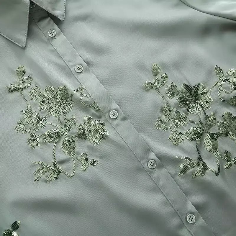 Damen neue Mode Schwerindustrie Stickerei Dekoration lose Revers Shirt Retro Langarm Knopf Damen hemd einzigartige Top