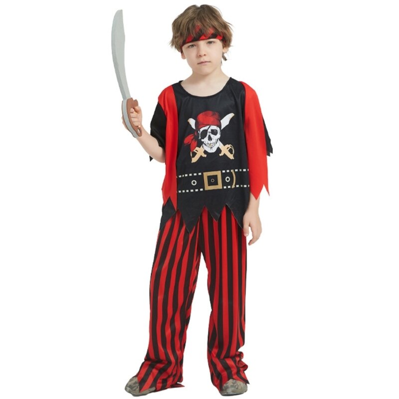Trang phục hóa trang cướp biển Halloween cho bé trai Thuyền trưởng áo quần sọc có khăn quàng cổ