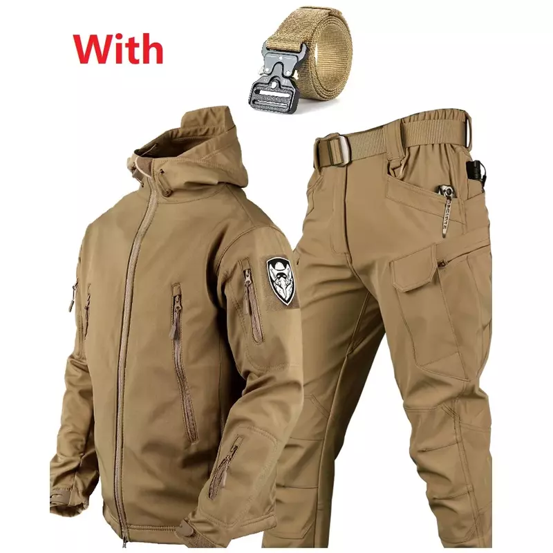 Men Fall and  Winter Waterproof  Thermal   Thicken Fleece Outdoor Hiking Fishing Camping Working Two Piece Set Outfit With Belts
