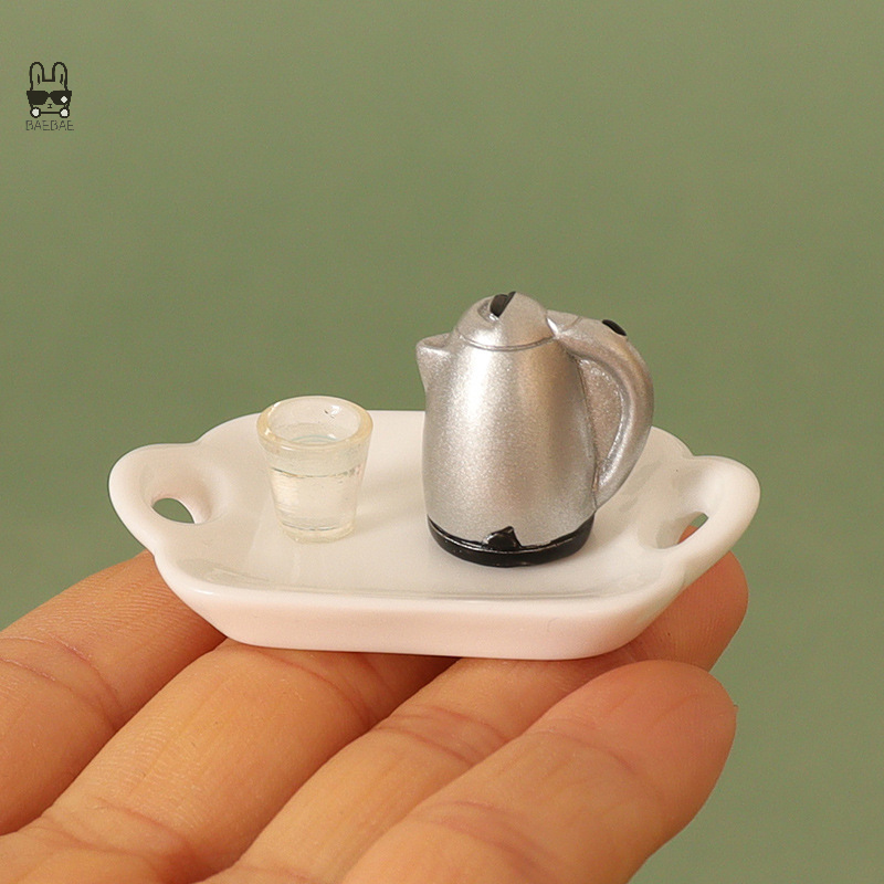 Simulado Dollhouse Cup and Kettle Tray Set, Decoração de cozinha em miniatura, 1/12 bonecas, Acessórios, 3 peças por conjunto