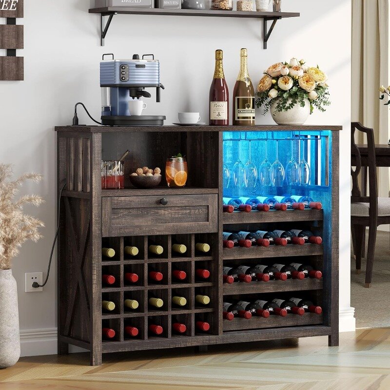 DWVO-armario de Bar de vino con luces LED y tomas de corriente, armario de licor Industrial con almacenamiento y cajón, 47"