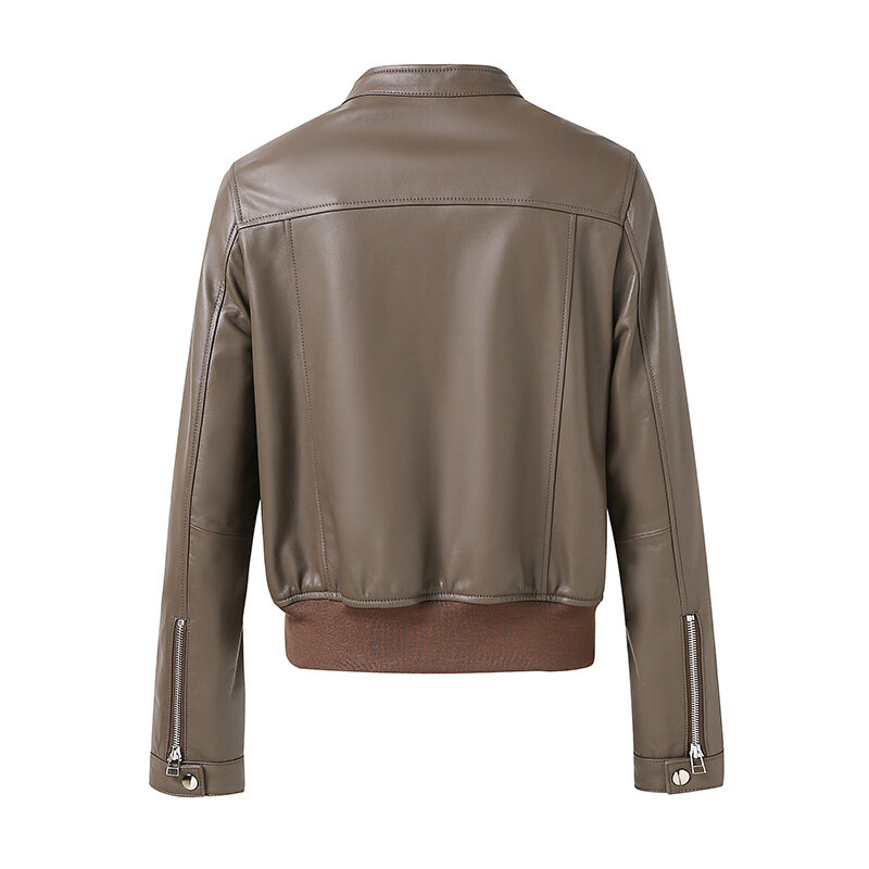 Женская мотоциклетная куртка из натуральной овечьей кожи, однотонная короткая куртка с воротником-стойкой, CL5156, 2022
