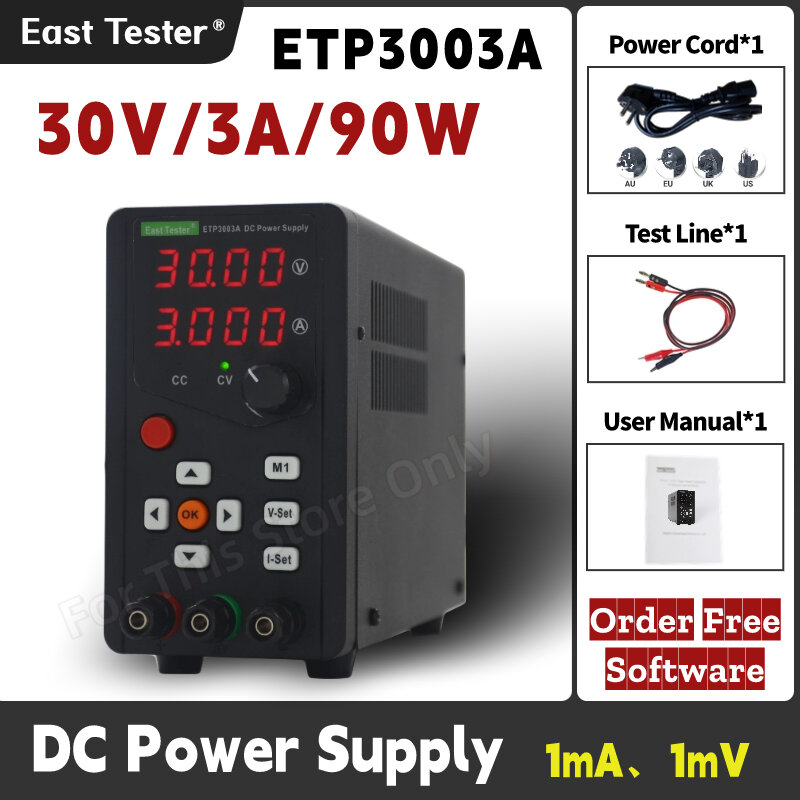 ETP3003A catu daya diatur DC, saluran tunggal 4 LED tampilan digital dapat diprogram 30V 3A 90W efisiensi tinggi