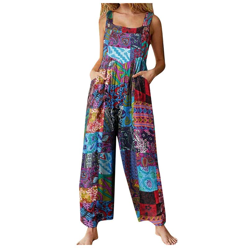 Women'S Ethnic Style Jumpsuits Trend Retro Printed Button Up Jumpsuit With Pockets High Waist Loose Wide Leg Comfy Jumpsuits