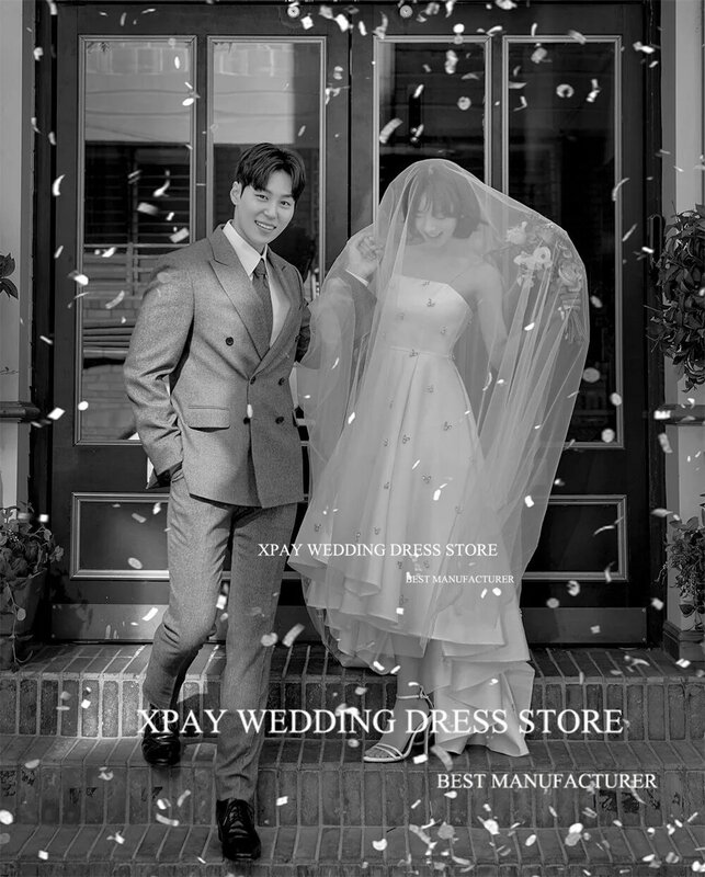 Простое Короткое свадебное платье XPAY в Корейском стиле на бретельках, свадебное платье без рукавов с высоким и низким вырезом, платье невесты с открытой спиной для фотосъемки, индивидуальный пошив