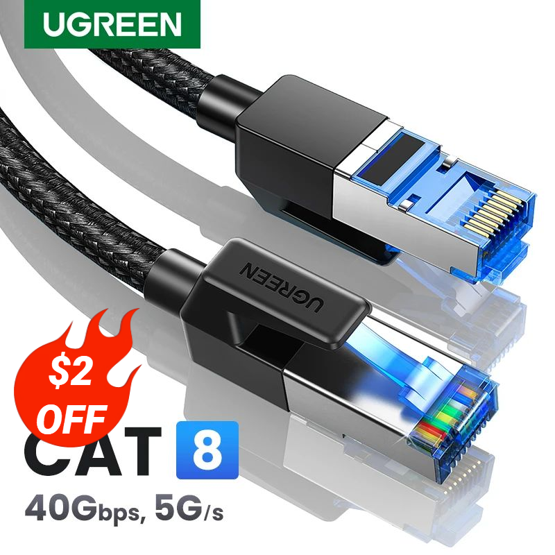 UGREEN – Câble Ethernet en coton tressé, pour ordinateurs portables, pour réseau Internet Lan, routeur PS 4, CAT8, 40Gbps, 2000MHz, RJ45