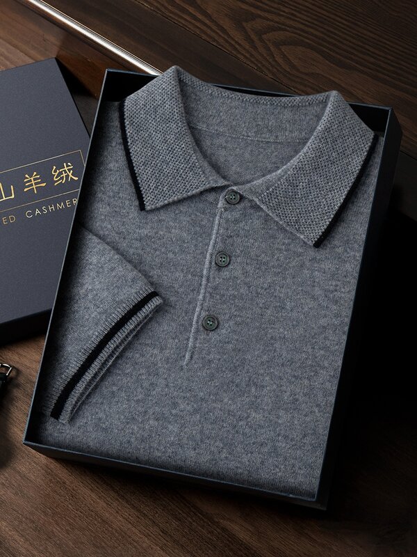 High Quality New Men 100% Cashmere Sweaters Spring Summer Fashion POLO Neck Short Sleeve T-shirt Business Knitwear Men Pullover