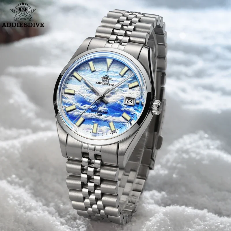 Addiesdive หน้าปัด AD2041 3D ทะเลระบบคลาวด์นาฬิกากลไกอัตโนมัติหรูหราสแตนเลสสตีล100เมตรนาฬิกาสะท้อนแสงดำน้ำ reloj hombre