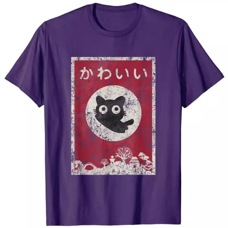 Camiseta preta feminina Anime Kitty, roupas gráficas japonesas para gatinhos, camiseta de manga curta, roupas Harajuku, gato kawaii, Y2k